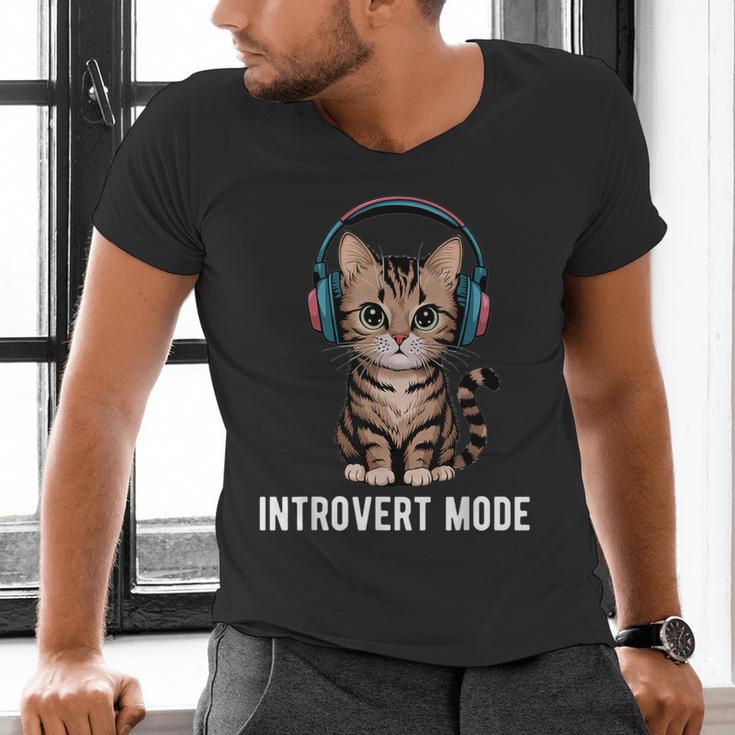 Introvert Mode Cat With Headphones Kitten Lover Men's V-Neck T-Shirt Introvert Mode Cat With Headphones Kitten Lover Men's V-Neck T-Shirt