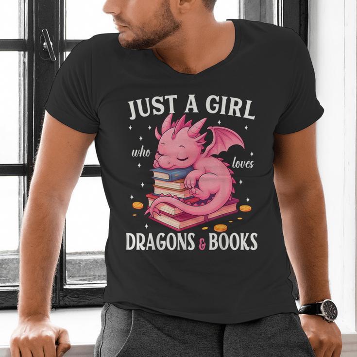Just A Girl Who Loves Dragons And Books Dragon Reading Lover Men's V-Neck T-Shirt
