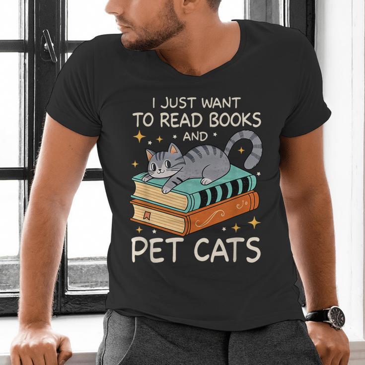 I Just Want To Read Books And Pet Cats Bookish Bookworm Men's V-Neck T-Shirt