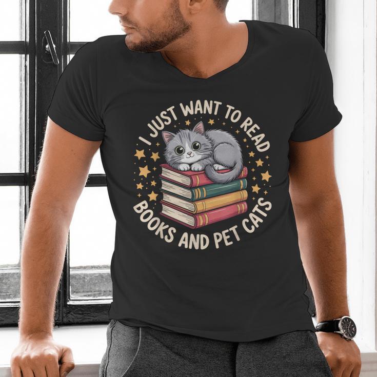 I Just Want To Read Books And Pet Cats Cat And Book Men's V-Neck T-Shirt I Just Want To Read Books And Pet Cats Cat And Book Men's V-Neck T-Shirt