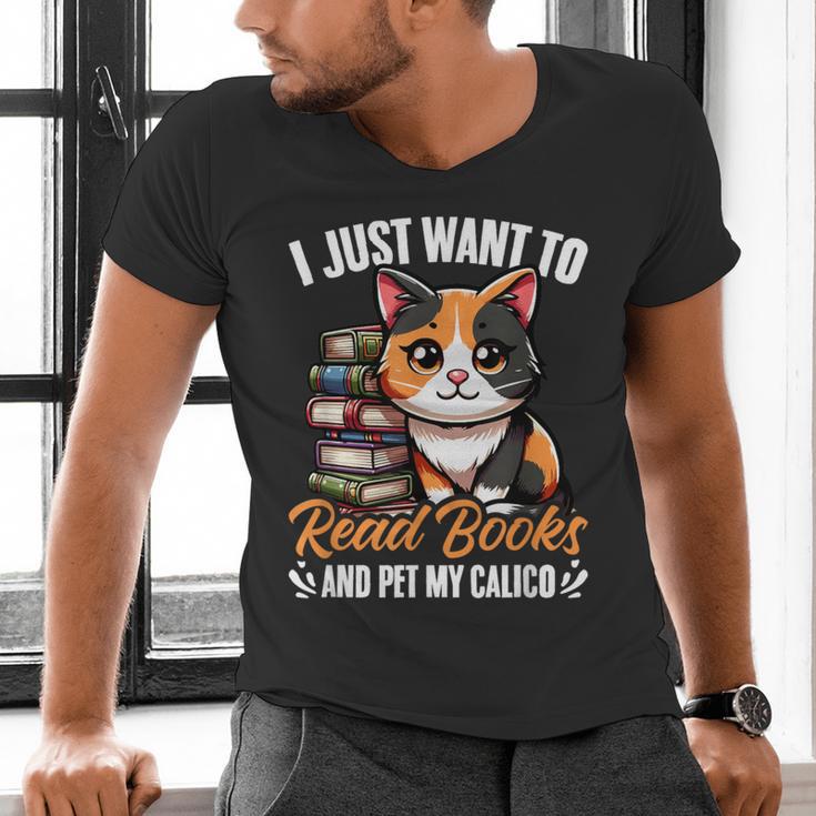 Kawaii Feline Book Reading Read Books Pet My Calico Cat Men Women Men's V-Neck T-Shirt Kawaii Feline Book Reading Read Books Pet My Calico Cat Men Women Men's V-Neck T-Shirt