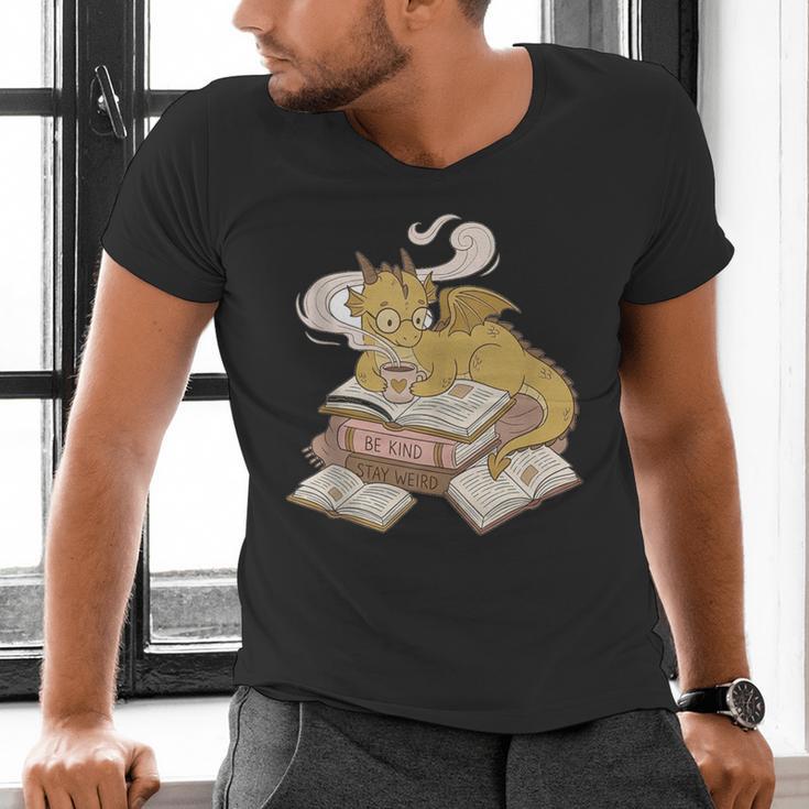 Be Kind Stay Weird Read Books Cute Dragon Men's V-Neck T-Shirt Be Kind Stay Weird Read Books Cute Dragon Men's V-Neck T-Shirt