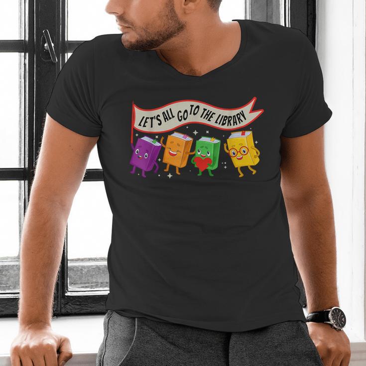 Librarian Let's All Go To The Library Cute Groovy Book Lover Men's V-Neck T-Shirt
