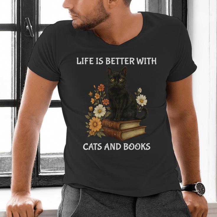 Life Is Better With Cats And Books Cute Cat Lover For Men Women Kids Men's V-Neck T-Shirt