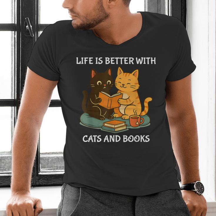 Life Is Better With Cats And Books Cute Cat Lover Men's V-Neck T-Shirt