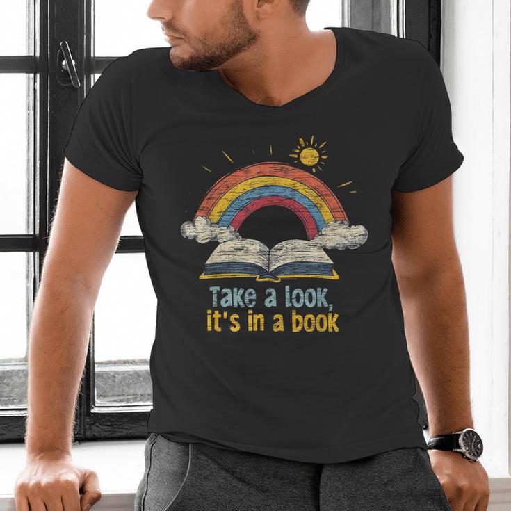 Take a Look It's In a Book Vintage Reading Teacher Rainbow Men's V-Neck T-Shirt
