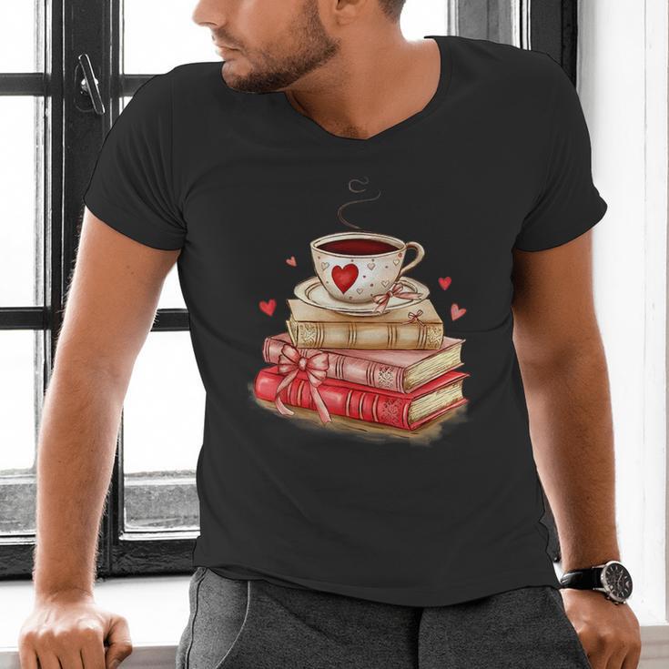 Love Book Coffee Heart Coquette Bow Valentines Day Men's V-Neck T-Shirt