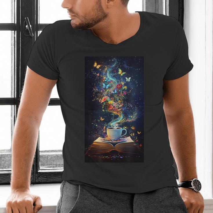 Magical Book Floral Coffee Books Nature Fantasy Men's V-Neck T-Shirt