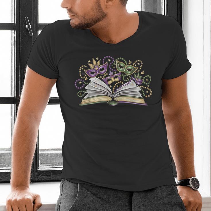 Mardi Gras Book Librarian Author Purple Beads Men's V-Neck T-Shirt Mardi Gras Book Librarian Author Purple Beads Men's V-Neck T-Shirt