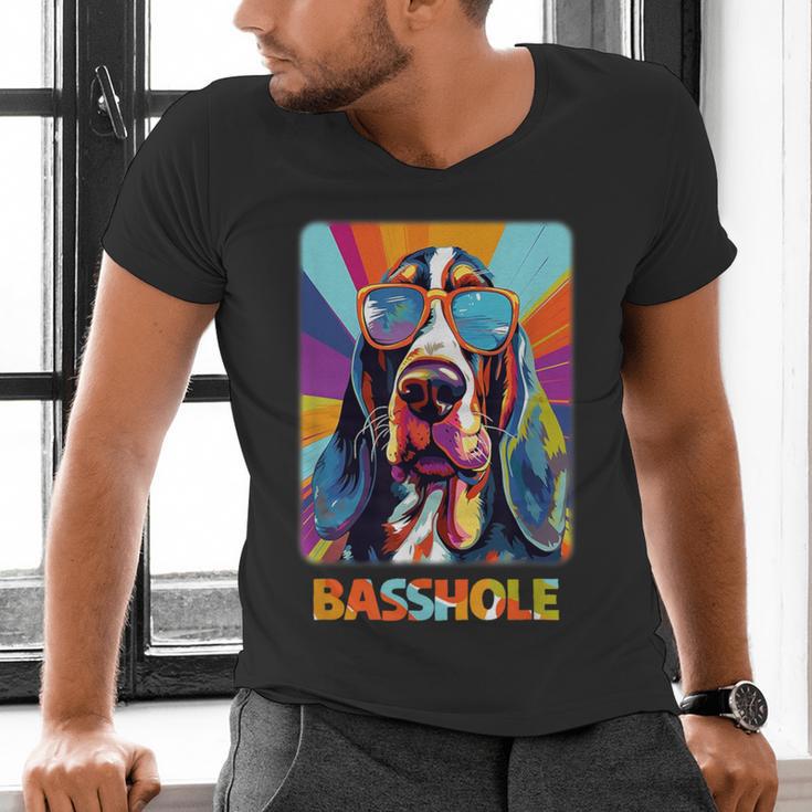 Mom & Dad Of a Basshole Basset Hound With Glasses -Adults Short Sleeve Men's V-Neck T-Shirt