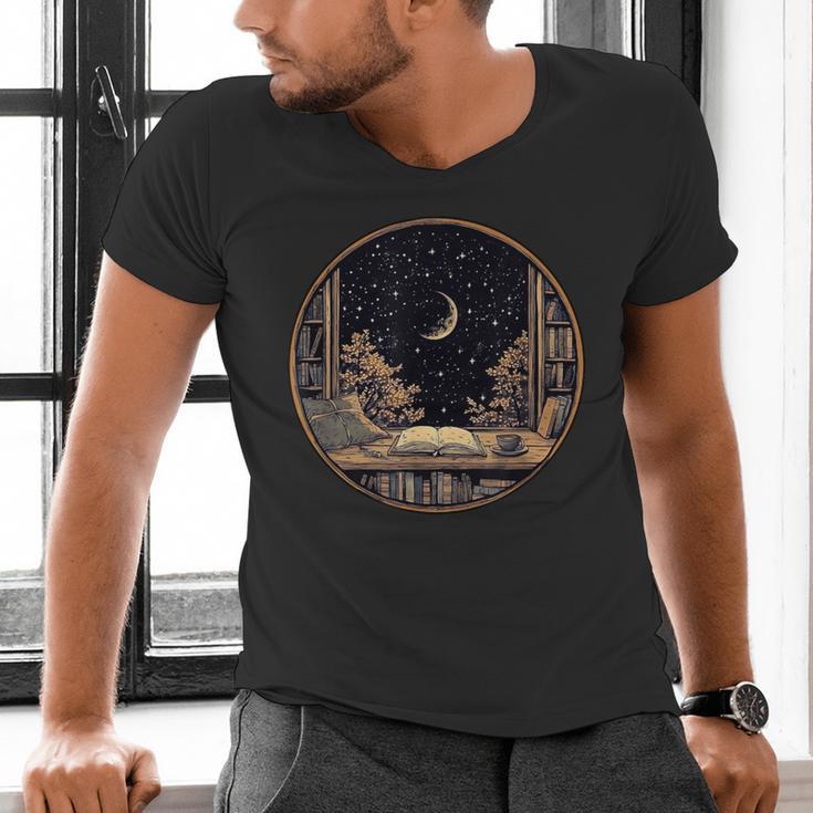 Moon Book Bookshelf Library Coffee Cup Star Stars Pattern Men's V-Neck T-Shirt