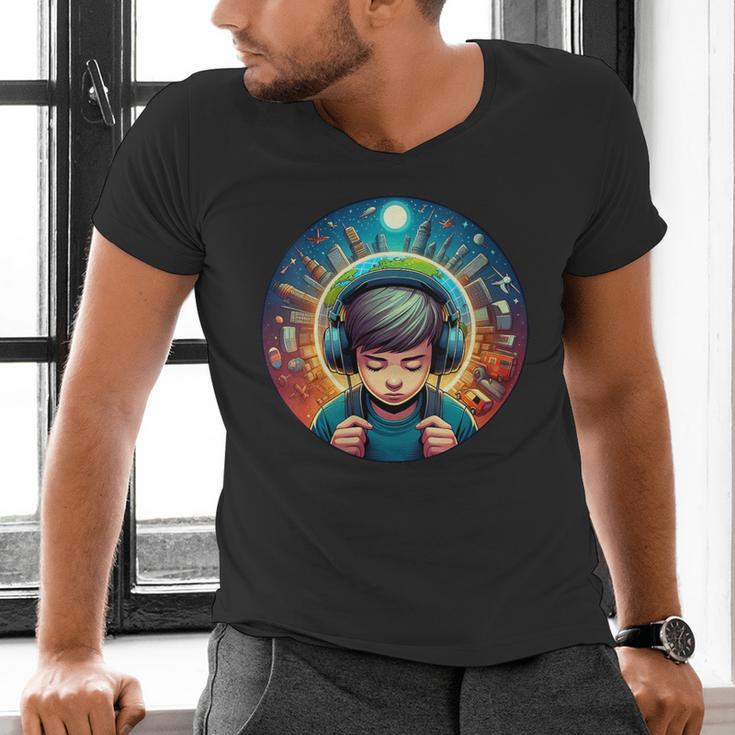 Music Enthusiast Under Starry Skies World Introvert Boy Men's V-Neck T-Shirt Music Enthusiast Under Starry Skies World Introvert Boy Men's V-Neck T-Shirt