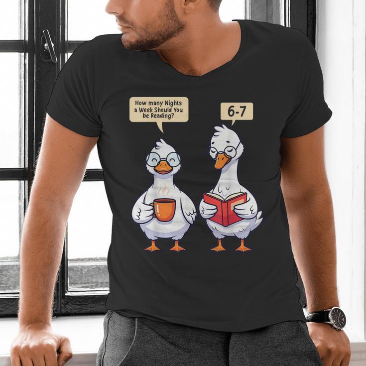How Many Nights Reading Goose Book Lover Reader Men's V-Neck T-Shirt