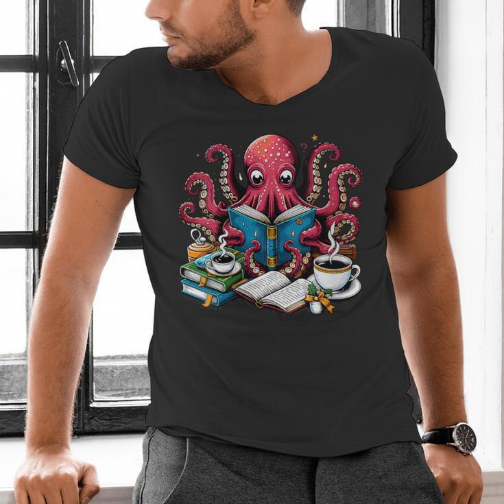 Octopus Reading Book Coffee Lover Bookaholic Bookworm Reader Men's V-Neck T-Shirt Octopus Reading Book Coffee Lover Bookaholic Bookworm Reader Men's V-Neck T-Shirt