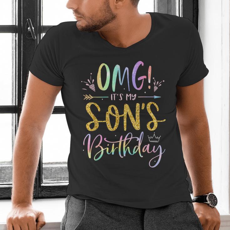 OMG It's My Son's Birthday Happy Bday Tie Dye Mom Dad Men's V-Neck T-Shirt