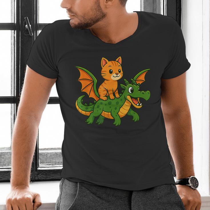 Orange Cat Dragon Riding Animal Lover Mom Dad Kids Men's V-Neck T-Shirt