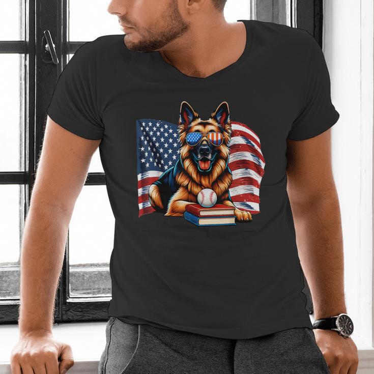 Patriotic German Shepherd Dog Books Baseball American Flag Men's V-Neck T-Shirt Patriotic German Shepherd Dog Books Baseball American Flag Men's V-Neck T-Shirt