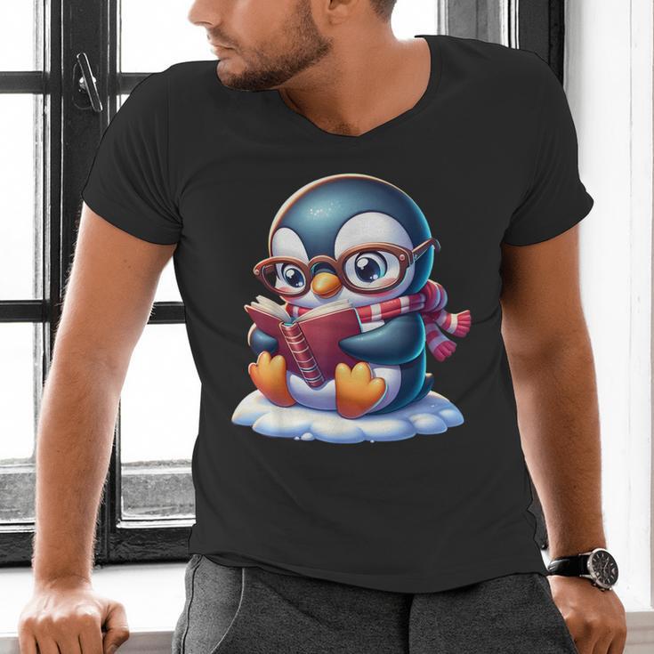 Penguin Reading a Book Animal Men's V-Neck T-Shirt Penguin Reading a Book Animal Men's V-Neck T-Shirt