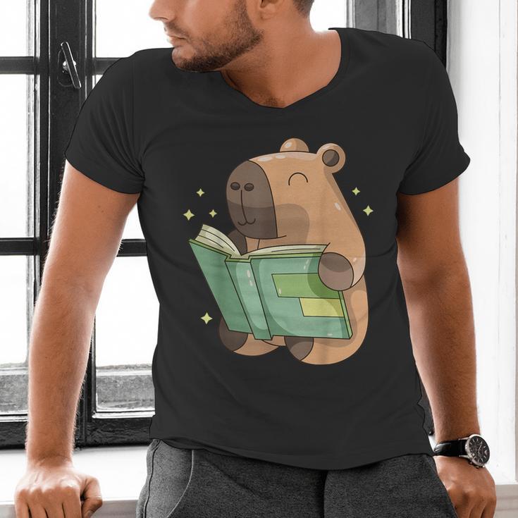 Pet Capybara Is Reading Library Capy Word Book Day Teacher Men Women Kids Men's V-Neck T-Shirt