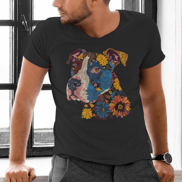Pitbull Floral Dog Lover Vintage Flower Art Pitbull Mom Dad Men's V-Neck T-Shirt