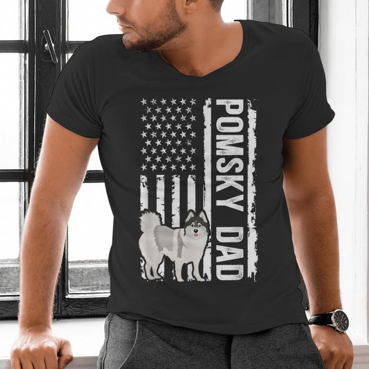 Pomsky Dad American Flag Pomsky Owner Pomsky Lover Men's V-Neck T-Shirt