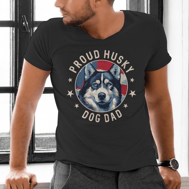 Proud Husky Dad American Flag Patriotic Husky Dad Men's V-Neck T-Shirt