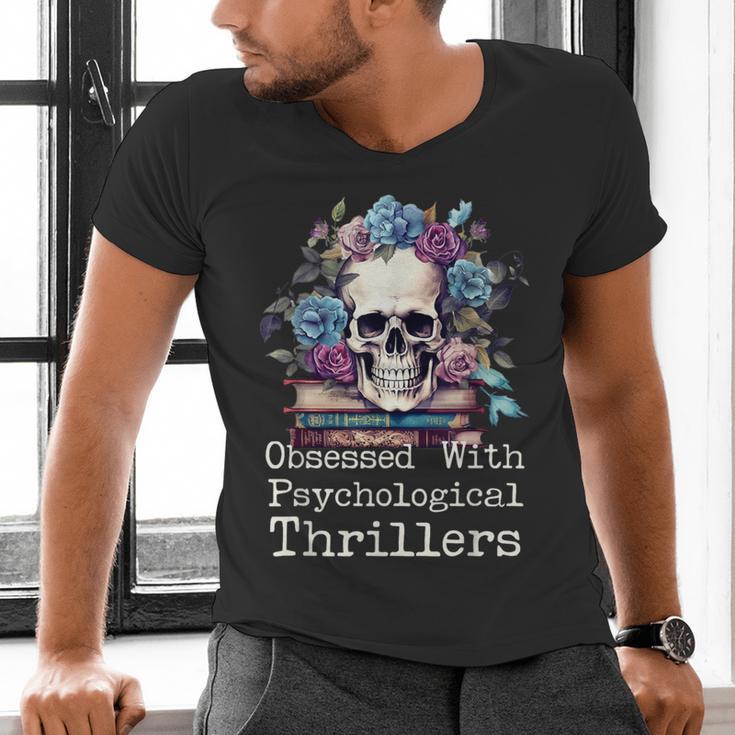 Psychological Thriller Reader Fan Skull Flowers Books Men's V-Neck T-Shirt