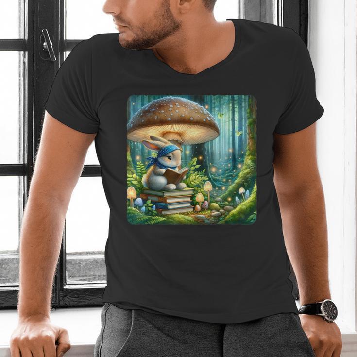 Rabbit Reading Book Under Large Mushroom Easter Bandana Men's V-Neck T-Shirt