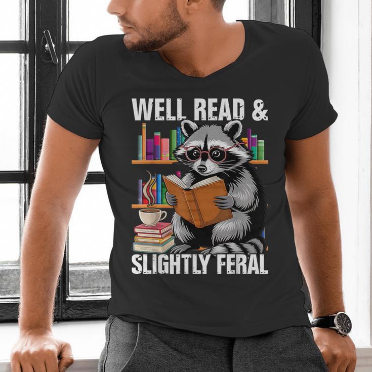 Well Read & Slightly Feral Raccoon Book Lover Graphic Men's V-Neck T-Shirt