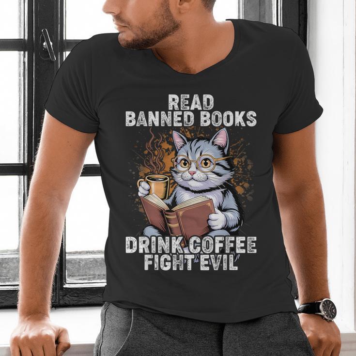 Read Banned Books Drink Coffee Fight Evil Cat Men's V-Neck T-Shirt