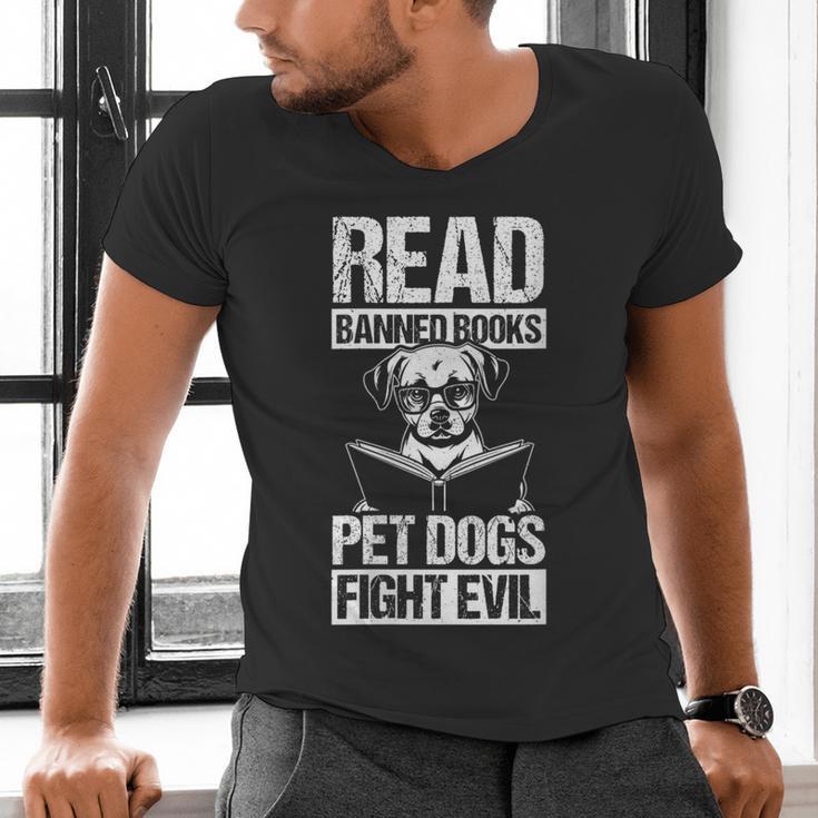 Read Banned Books PET DOGS FIGHT EVIL Read Banned Books Dog Men's V-Neck T-Shirt
