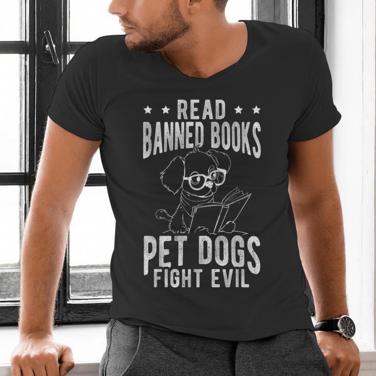 Read Banned Books PET DOGS FIGHT EVIL Read Books Reader Men's V-Neck T-Shirt