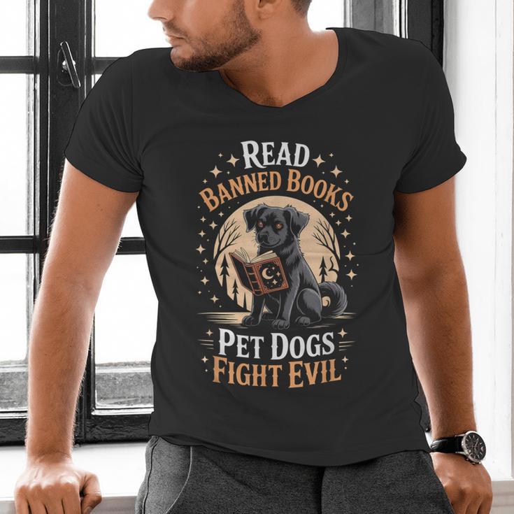 Read Banned Books PET DOGS FIGHT EVIL Read Books Reading Men's V-Neck T-Shirt