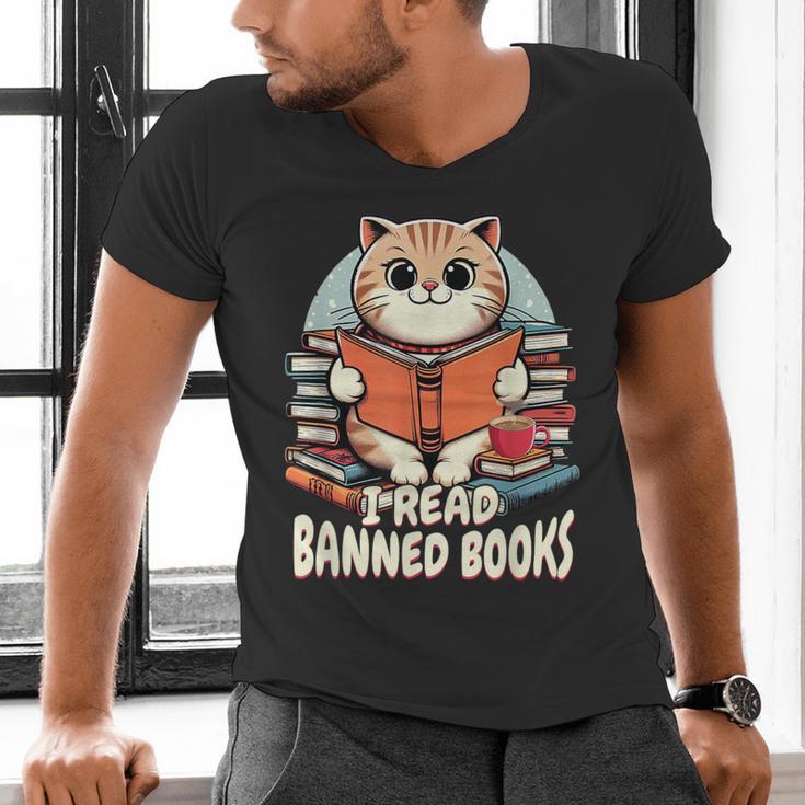 I Read Banned Books Shirt Cat Lover Bookworm Reader Men Women Kids Men's V-Neck T-Shirt