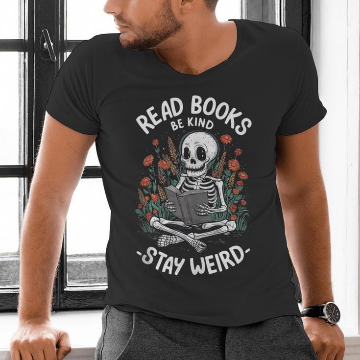 Read Books Be Kind Stay Weird Skeleton Reading Goth Flower Men's V-Neck T-Shirt Read Books Be Kind Stay Weird Skeleton Reading Goth Flower Men's V-Neck T-Shirt