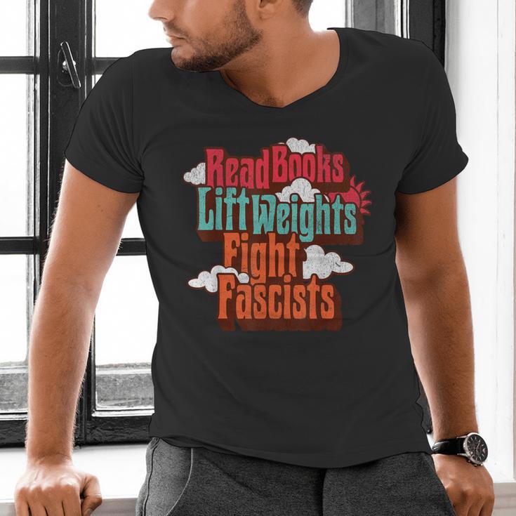 Read Books Lift Weights Fight Fascists Reading No Kings Men's V-Neck T-Shirt