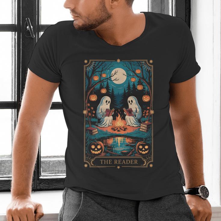The Reader Bookish Cute Spooky Ghost Reading Book Tarot Card Men's V-Neck T-Shirt The Reader Bookish Cute Spooky Ghost Reading Book Tarot Card Men's V-Neck T-Shirt