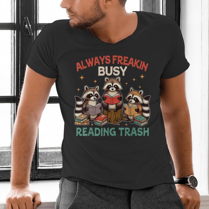 Reading Book Lover Racoon Always Freakin Busy Reading Trash Men's V-Neck T-Shirt