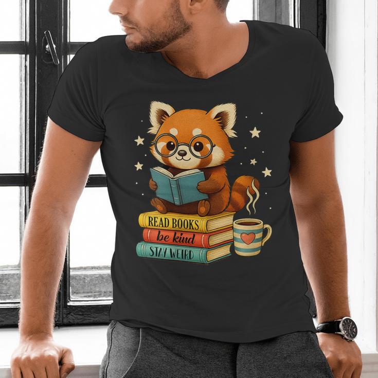 Reading Book Lover Red Panda Read Books Be Kind Stays Weird Men's V-Neck T-Shirt Reading Book Lover Red Panda Read Books Be Kind Stays Weird Men's V-Neck T-Shirt