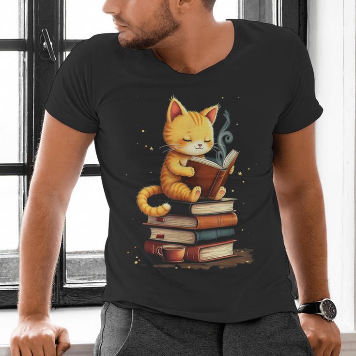 Reading Cat Books Cute Men's V-Neck T-Shirt Reading Cat Books Cute Men's V-Neck T-Shirt