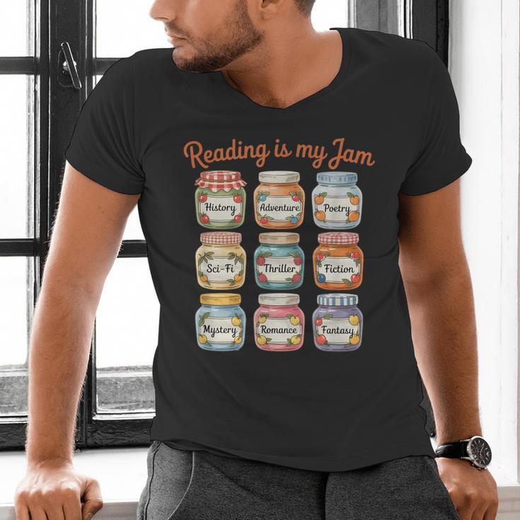 Reading Is My Jam Cute Jelly Jars Book Genres Men's V-Neck T-Shirt