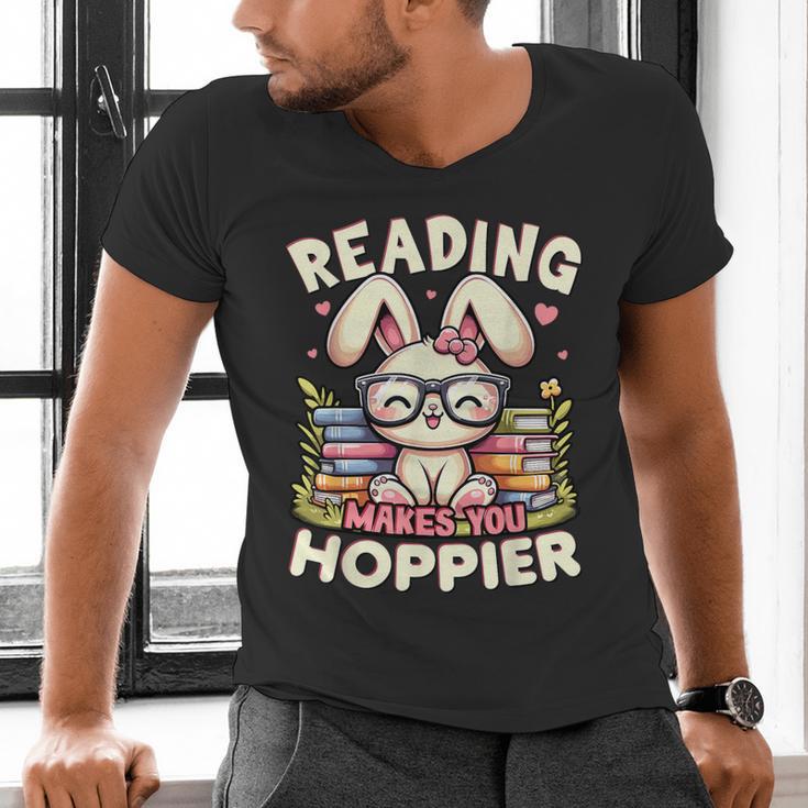 Reading Makes You Hoppier Bunny Book Fans Toddler Kid Men's V-Neck T-Shirt Reading Makes You Hoppier Bunny Book Fans Toddler Kid Men's V-Neck T-Shirt