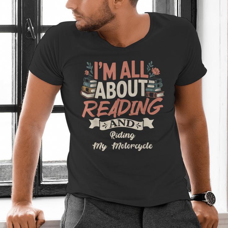 Reading And Motorcycle Life For Bikers Who Love Books Men's V-Neck T-Shirt Reading And Motorcycle Life For Bikers Who Love Books Men's V-Neck T-Shirt