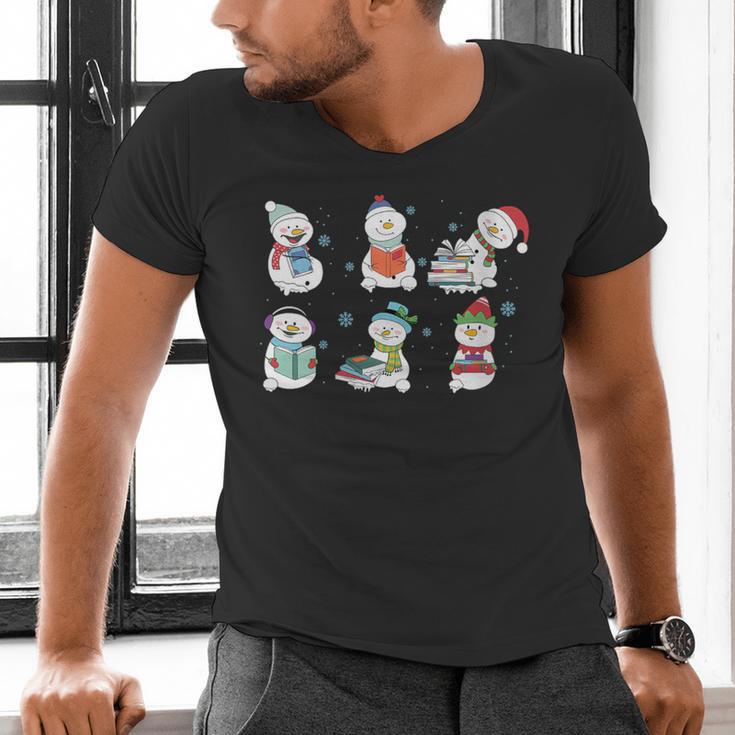 Reading Snowman Christmas Book Lovers Bookworm Librarian Men's V-Neck T-Shirt