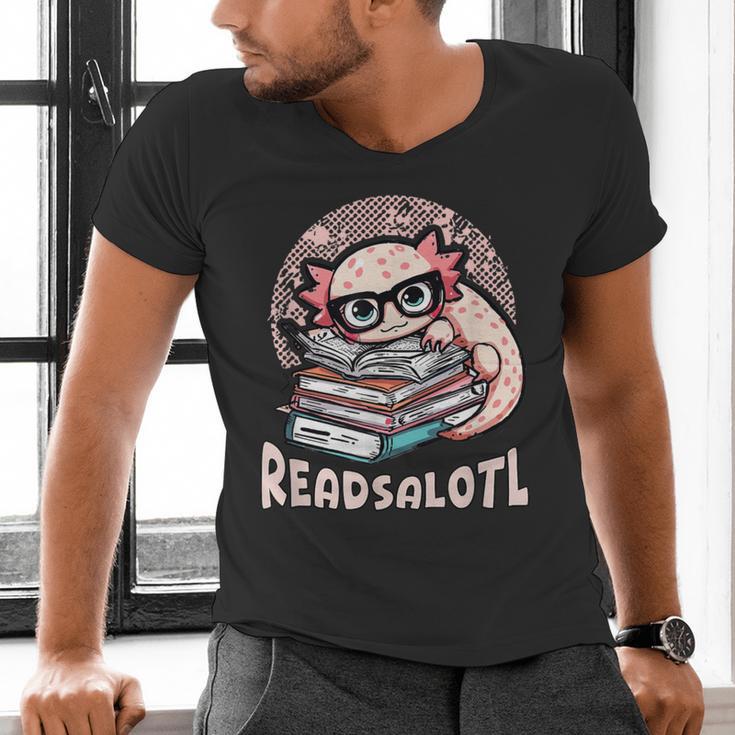 Readsalotl Axolotl Reading Books Glasses Bookworm Pun Fun Men's V-Neck T-Shirt