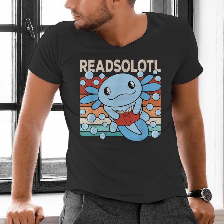Readsolotl Blue Kawaii Axolotl Book Lover Reading Retro Men's V-Neck T-Shirt