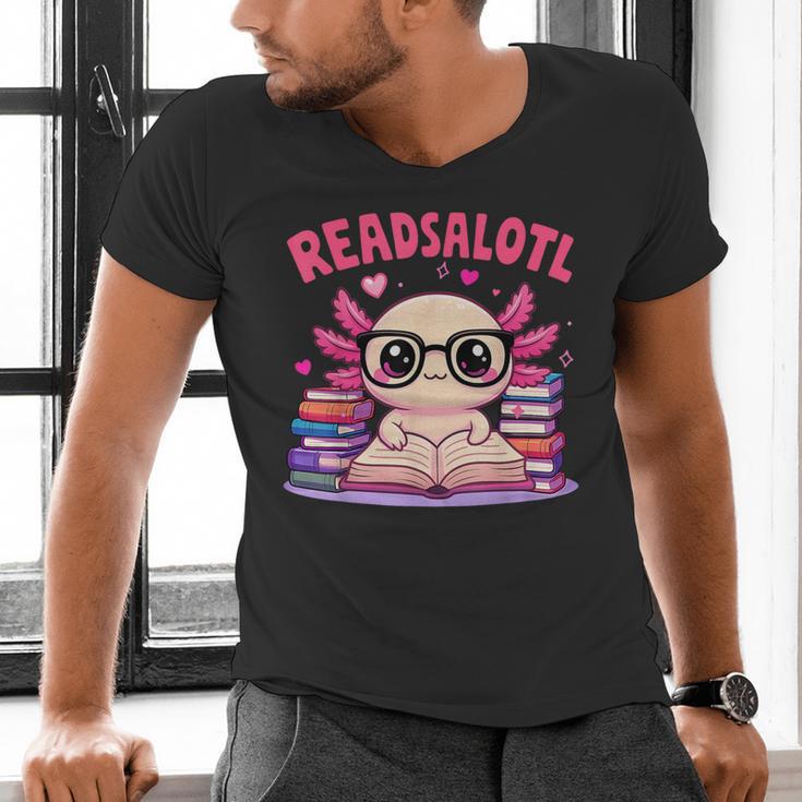 Readsolotl Pink Kawaii Axolotl Book Lover Reading Men's V-Neck T-Shirt
