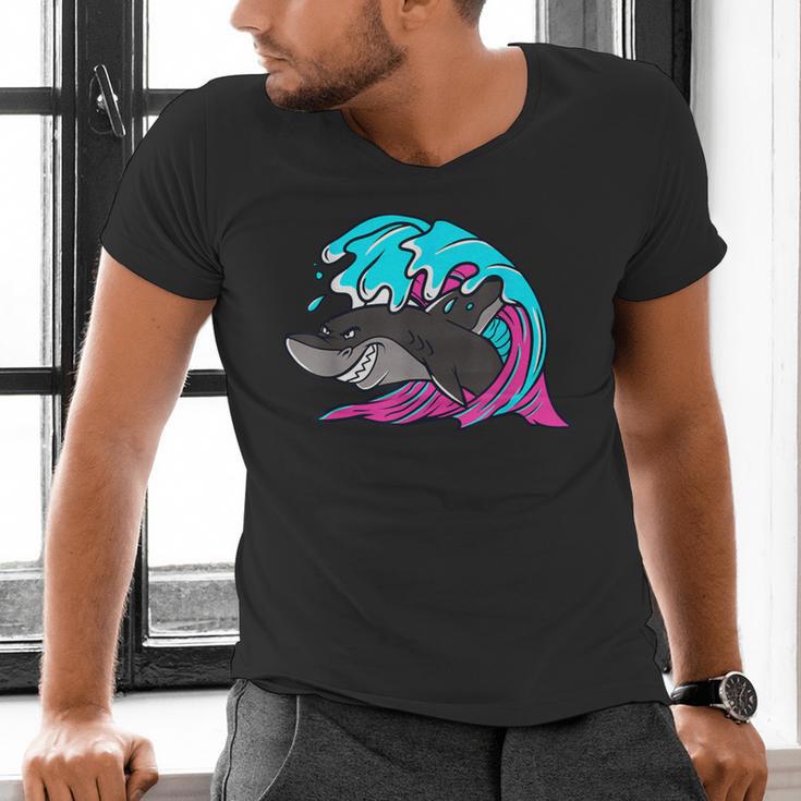 Retro 80s Shark Whale Diving Nostalgia Shark Party Men's V-Neck T-Shirt Retro 80s Shark Whale Diving Nostalgia Shark Party Men's V-Neck T-Shirt