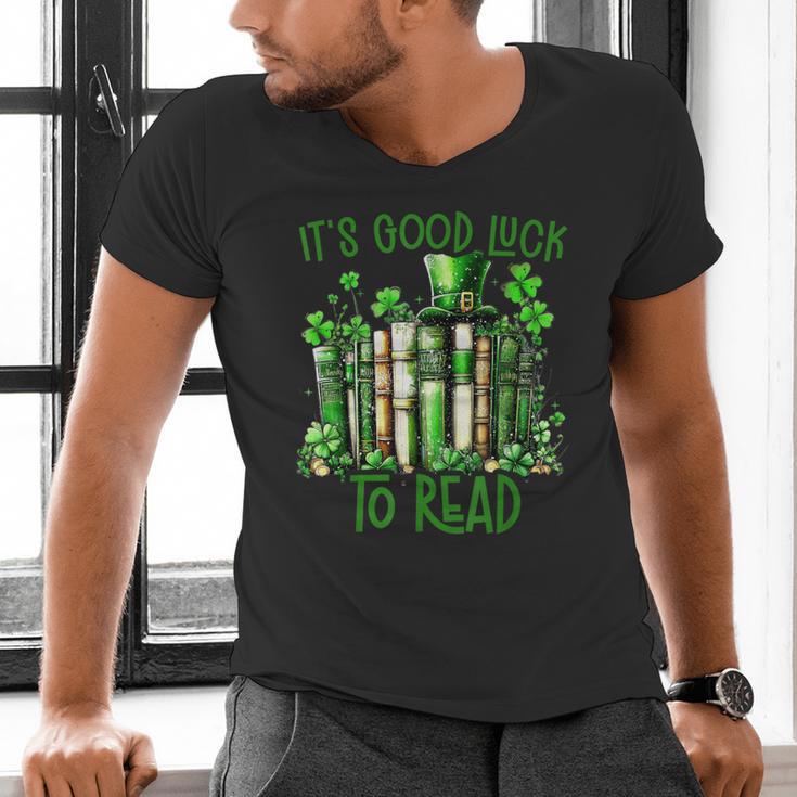 Retro Book Lucky Reading Teacher St Patrick's Day -Adults Small Cotton Blend Polyester Blend Short Sleeve Men's V-Neck T-Shirt