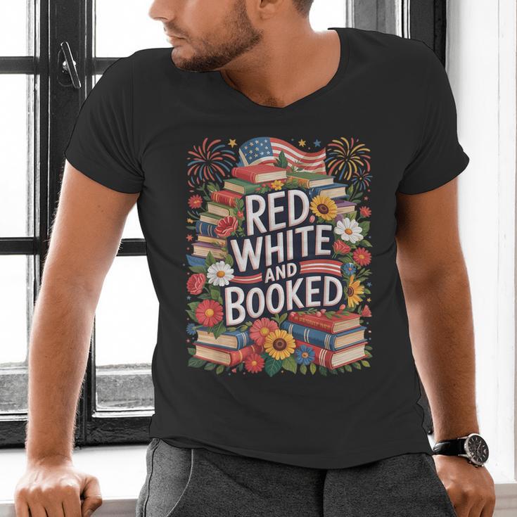 Retro Floral Red & Booked Library Reading 4th Of July Men's V-Neck T-Shirt
